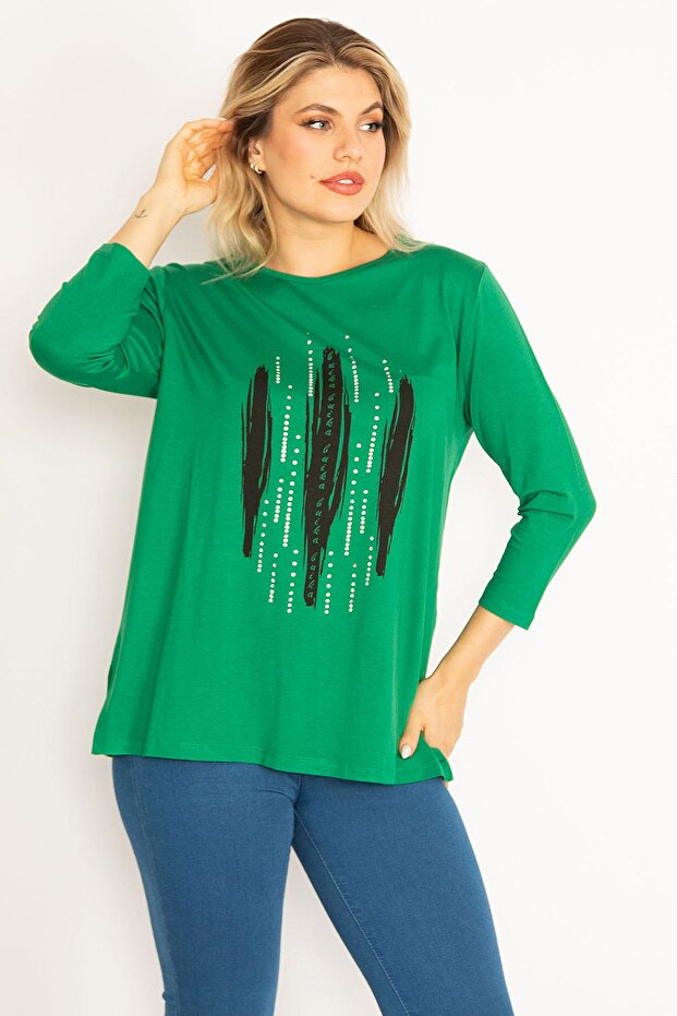 Women's Large Size Green Stone and Print Detailed Blouse 65n34713