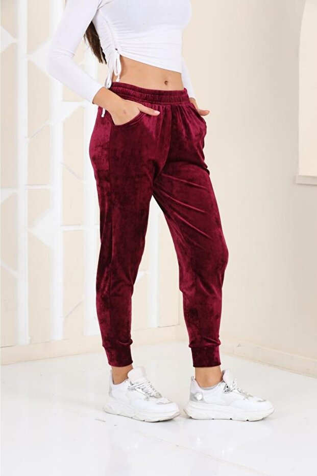 Mürdüm Renk Kadife Eşofman Altı - Pijama - Jogger Model - 3