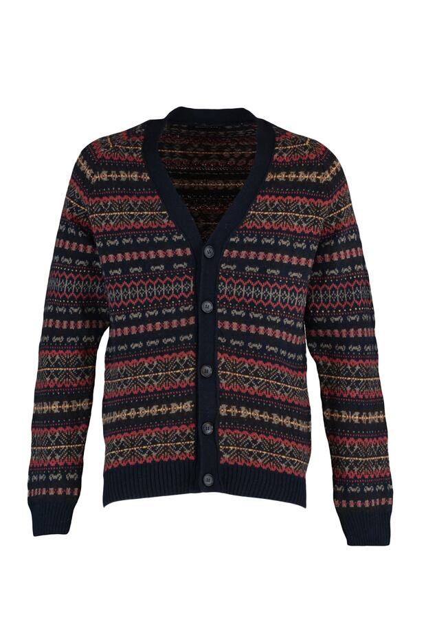 Lacivert Slim Fit Yünlü V Yaka Jakarlı Triko Hırka TMNAW20HI0029 - 6