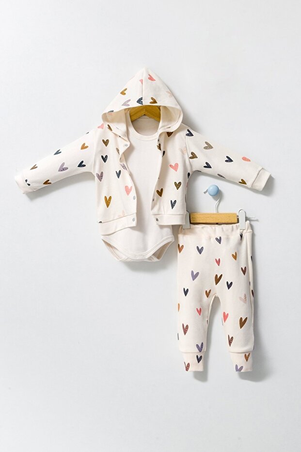Shiny Newborn Heart Print Patterned Antiallergic Cotton Hooded 3-Piece Set
