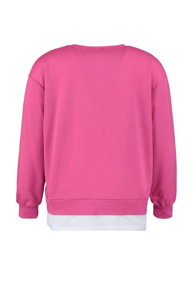 Fuşya Alttan T-Shirt Çıkma Görünümlü İnce Örme Büyük Beden Sweatshirt TBBAW23AO00023 - 7