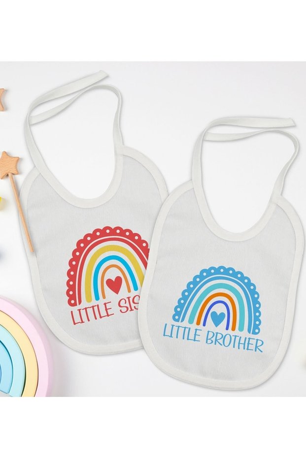 Kids Little Sister and Brother Designed 2 Pieces White Baby Bib-1