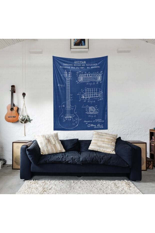 Gibson Les Paul Gitar Blueprint Tapestry - Gitarlı Duvar Örtüsü Müzik Oda Dekorasyonu - 3