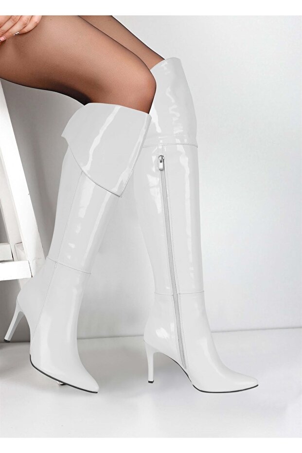 Women's White Patent Leather Back-Fold Zippered Over-The-Knee Stiletto Boots 576