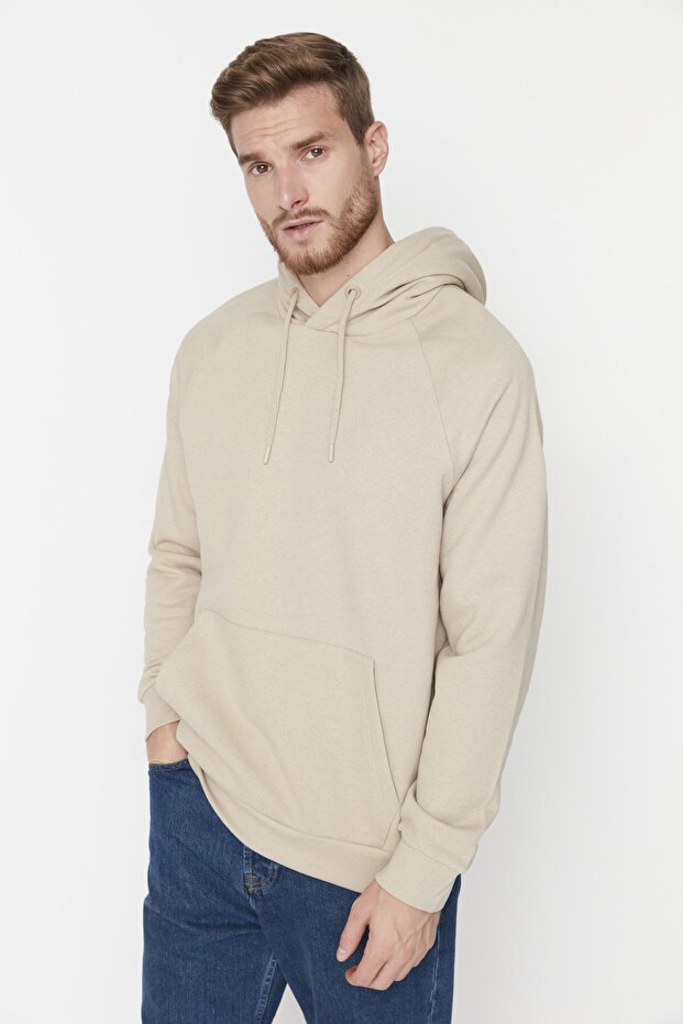 Bej Regular/Normal Kesim Kapüşonlu İçi Polar/Sıcak Tutan Sweatshirt TMNAW23SW00194 - 3