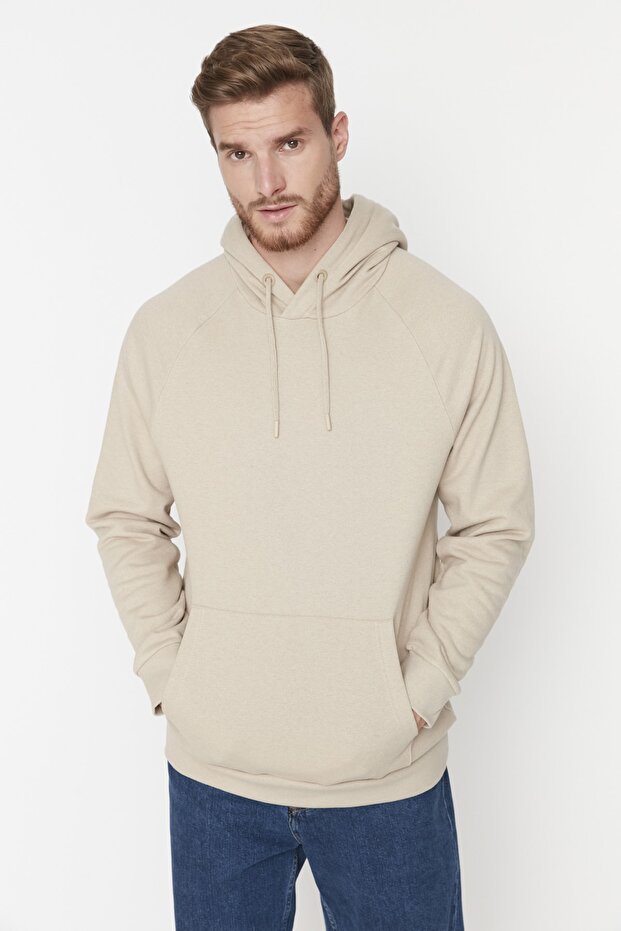 Bej Regular/Normal Kesim Kapüşonlu İçi Polar/Sıcak Tutan Sweatshirt TMNAW23SW00194 - 4