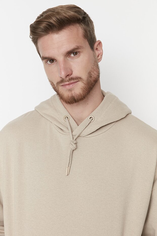 Bej Oversize/Geniş Kesim Kapüşonlu İçi Polar/Sıcak Tutan Sweatshirt TMNAW23SW00195 - 2