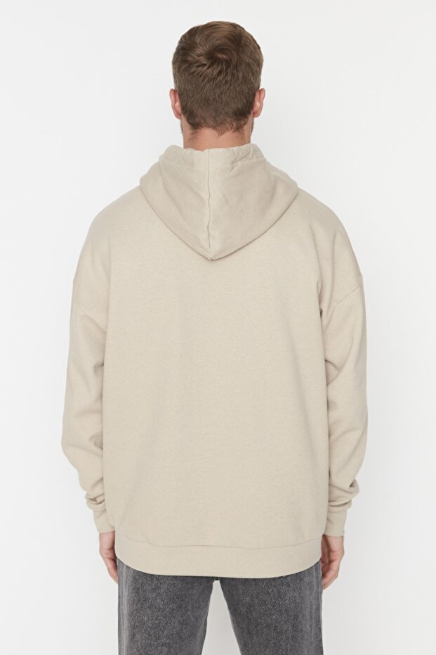 Bej Oversize/Geniş Kesim Kapüşonlu İçi Polar/Sıcak Tutan Sweatshirt TMNAW23SW00195 - 5