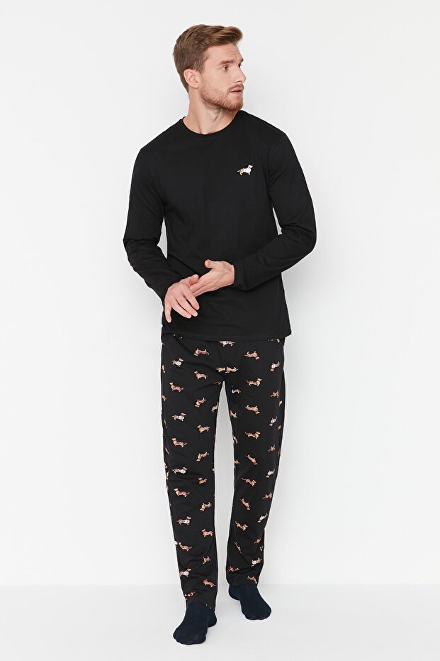 Siyah %100 Pamuk Regular Fit Hayvan Desenli Örme %100 Pamuk Pijama Takımı TMNAW23PT00157 - 3