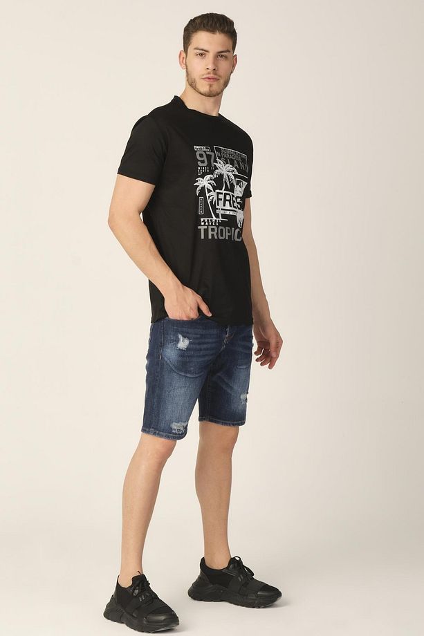 Erkek Lacivert Regular Fit Jean Şort - 3