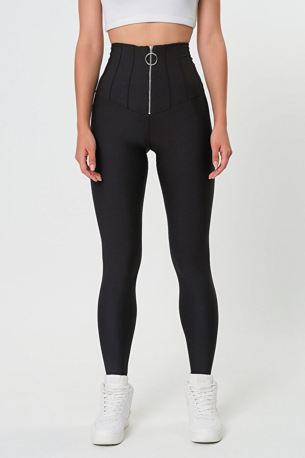 Women's High Waist Ring Zipper Detailed Tights