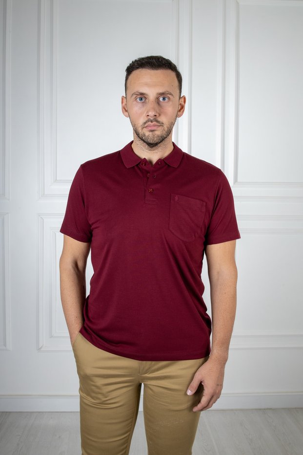 Polo Neck Buttoned Pocket Classic Pattern Claret Red T-shirt