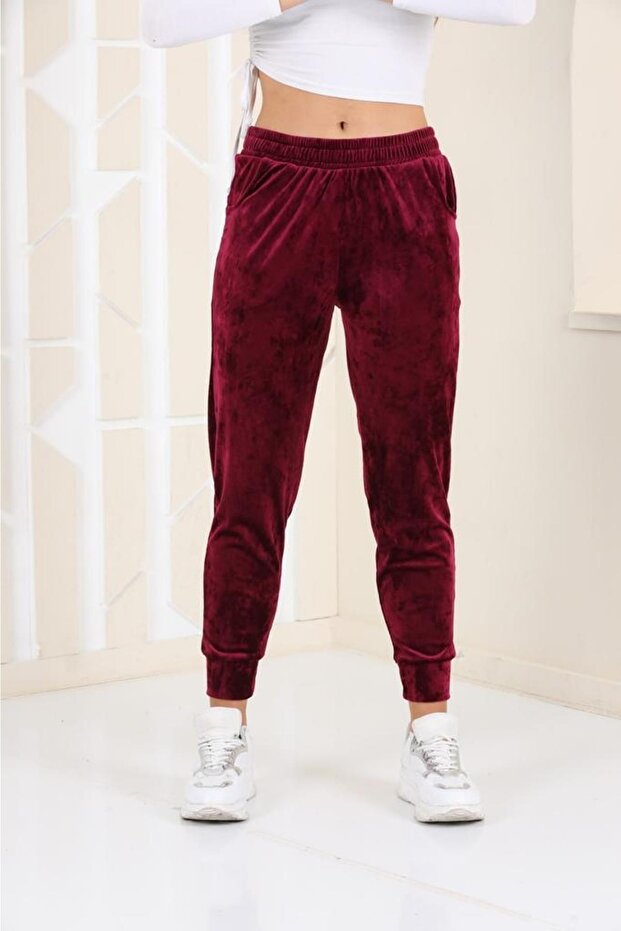 Mürdüm Renk Kadife Eşofman Altı - Pijama - Jogger Model - 2