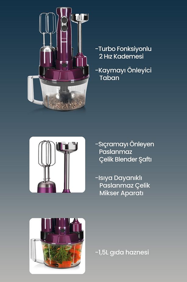 Elenamax Mor 1000 Watt Hız Ayarlı %100 Bakır Motor 5 In 1 Mutfak Robotu Multi Blender Seti - 2