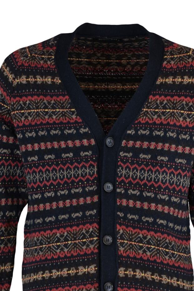 Lacivert Slim Fit Yünlü V Yaka Jakarlı Triko Hırka TMNAW20HI0029 - 7