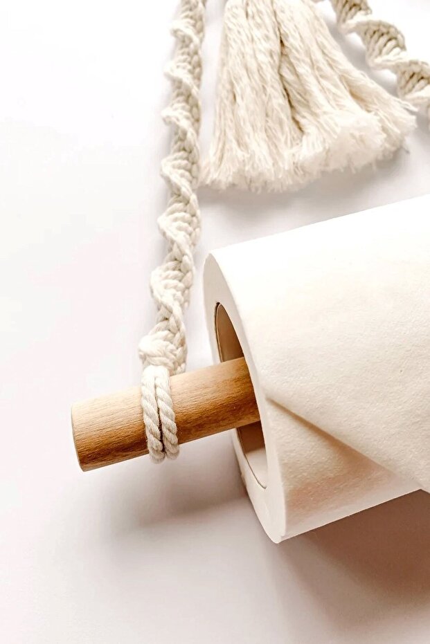 Bohem Ahşap Halkalı Makrome Püsküllü Rulo Havlu Askısı & Rulo Peçete Askısı - 2