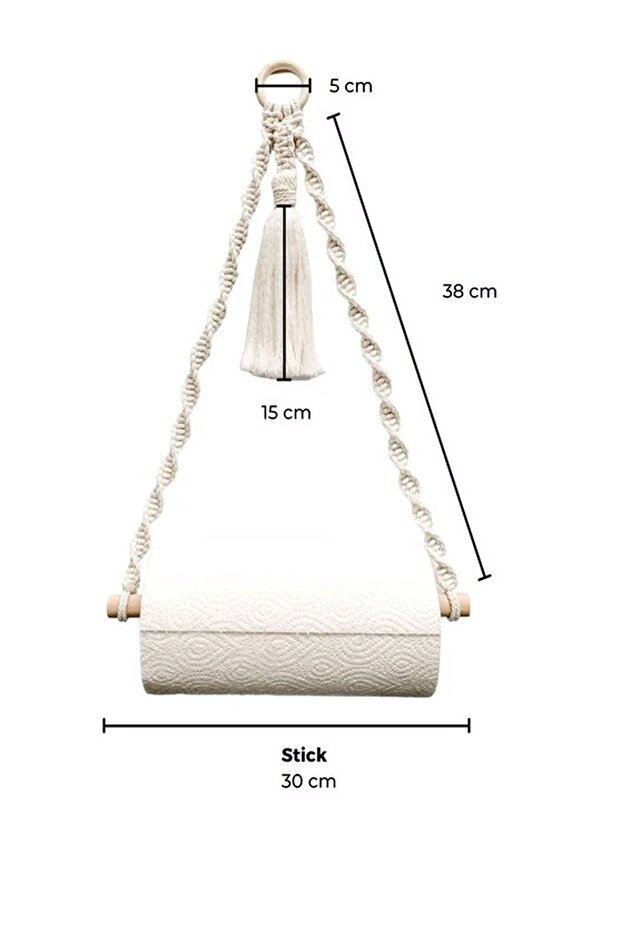 Bohem Ahşap Halkalı Makrome Püsküllü Rulo Havlu Askısı & Rulo Peçete Askısı - 3