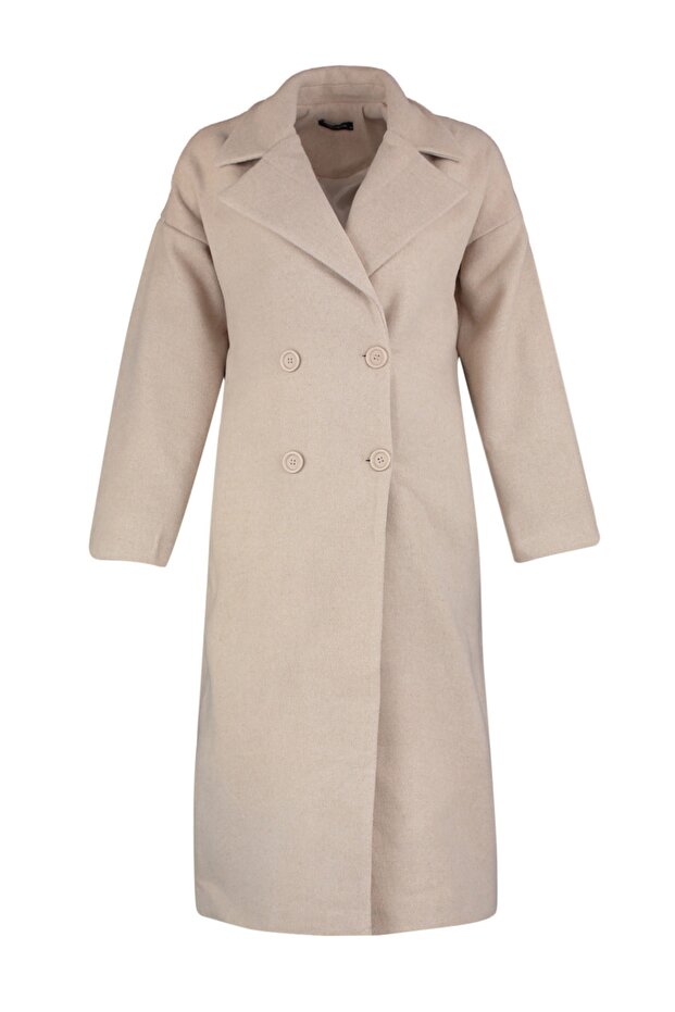 Beige Oversize Wide Cut Button Closure Woolen Stamp Coat TWOAW21KB0038 - 6