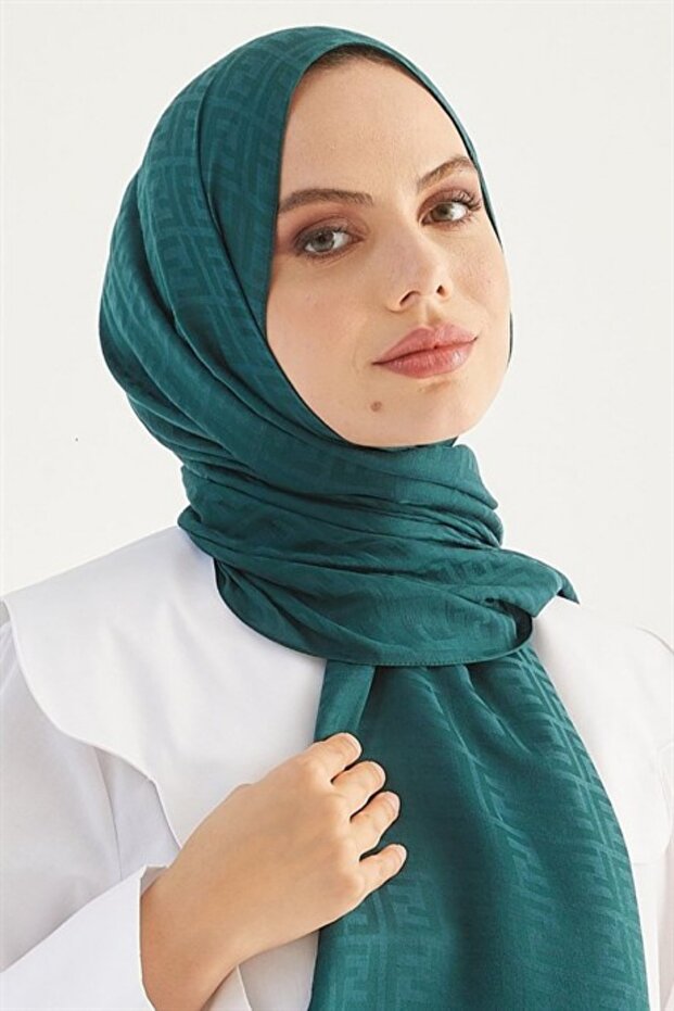 Silky Cotton Jacquard F Pattern Shawl Emerald Green
