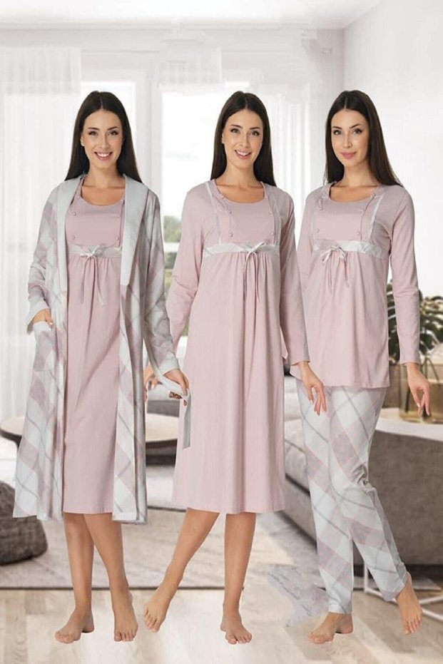 Women's Pink Checkered Long Sleeve Dressing Gown Nightgown Pajamas Set of 4
