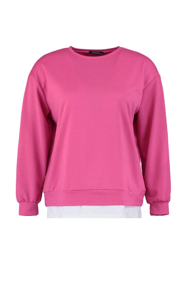 Fuşya Alttan T-Shirt Çıkma Görünümlü İnce Örme Büyük Beden Sweatshirt TBBAW23AO00023 - 6