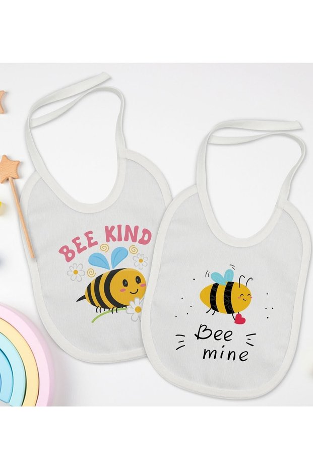 Kids Bee Kind and Bee Mine Designed 2-Piece White Baby Bib-1