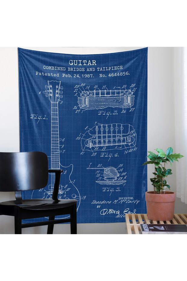 Gibson Les Paul Gitar Blueprint Tapestry - Gitarlı Duvar Örtüsü Müzik Oda Dekorasyonu - 1