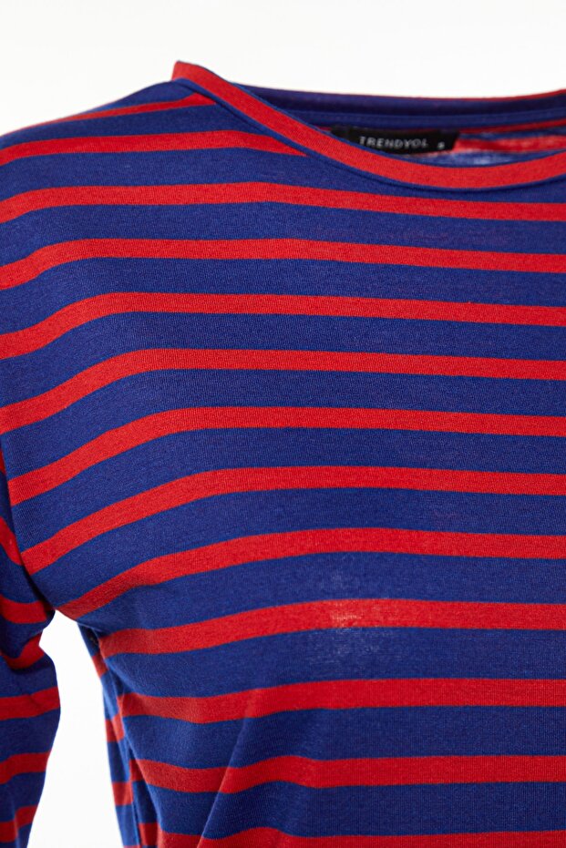 Kırmızı-Lacivert Çizgili Regular/Normal Kalıp Basic Bisiklet Yaka Örme T-Shirt TWOAW23TS00002 - 10