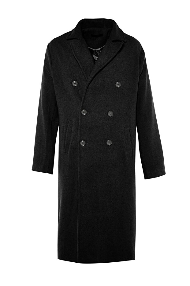 Długi czarny płaszcz zimowy Stamp z podwójnymi piersiami - luźny krój TMNAW23KB00003 - 6