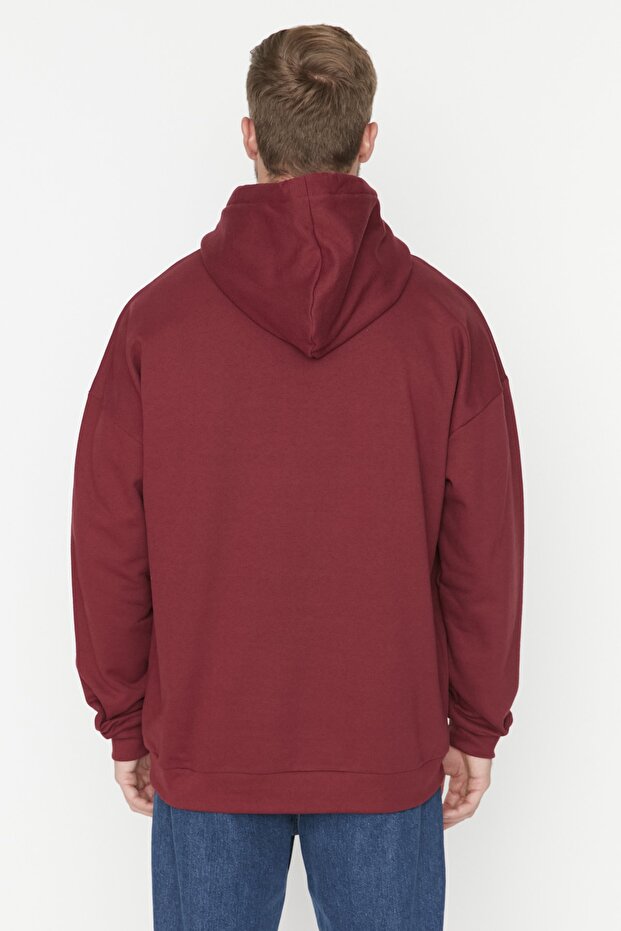Bordo Oversize/Geniş Kesim Kapüşonlu İçi Polar/Sıcak Tutan Sweatshirt TMNAW23SW00195 - 5