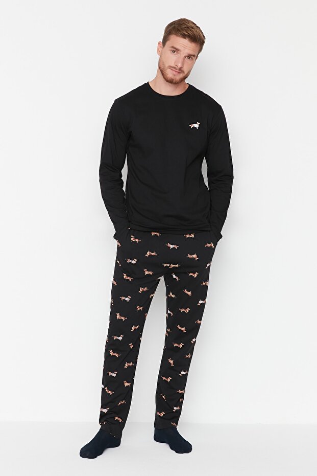 Siyah %100 Pamuk Regular Fit Hayvan Desenli Örme %100 Pamuk Pijama Takımı TMNAW23PT00157 - 1