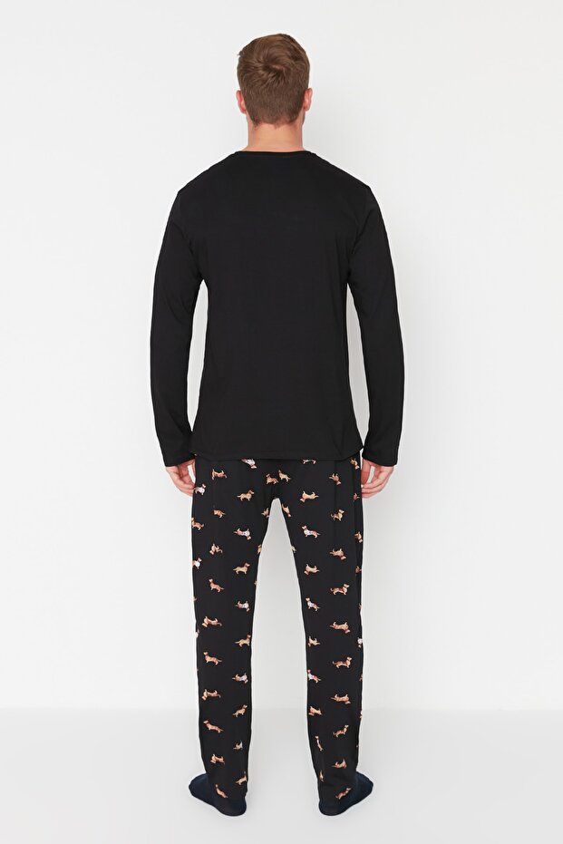 Siyah %100 Pamuk Regular Fit Hayvan Desenli Örme %100 Pamuk Pijama Takımı TMNAW23PT00157 - 5