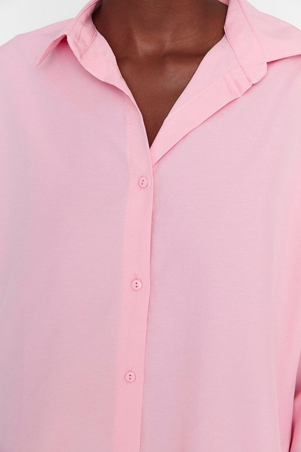Pembe Pamuklu Oversize Geniş Kalıp Dokuma Gömlek TWOSS22GO0669 - 4