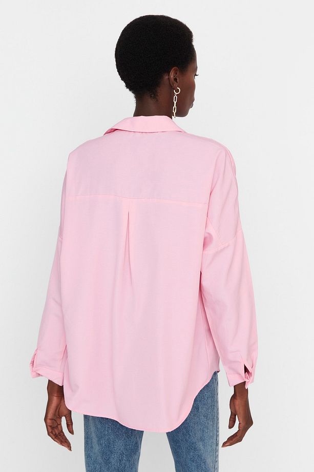 Pembe Pamuklu Oversize Geniş Kalıp Dokuma Gömlek TWOSS22GO0669 - 5