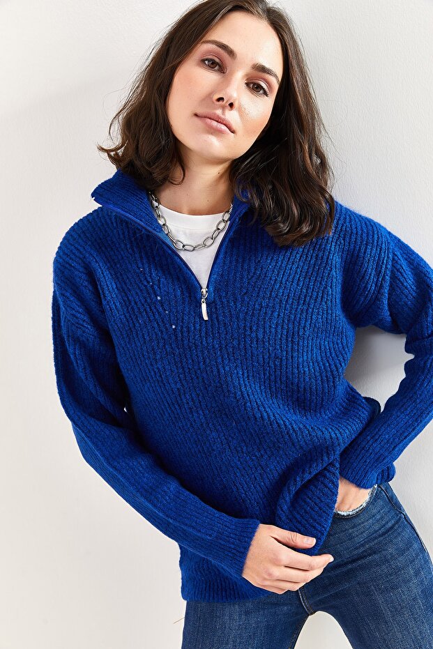 Women's Navy Blue Zippered Turtleneck Oversize Knitwear Sweater 20223202