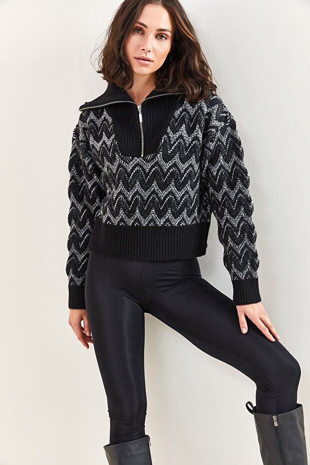 Women's Black Zippered Patterned Knitwear Sweater 20223204