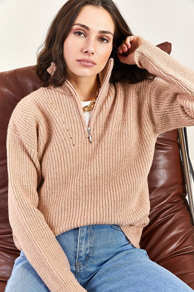 Women's Powder Zippered Turtleneck Oversize Knitwear Sweater 20223202