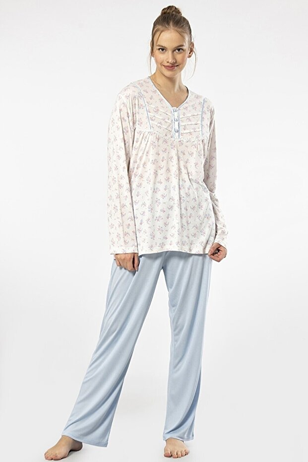 Empirme, Buttoned Collar, Oversized Pajamas, Long Sleeves, Large Mother Size Pajama Set Blue