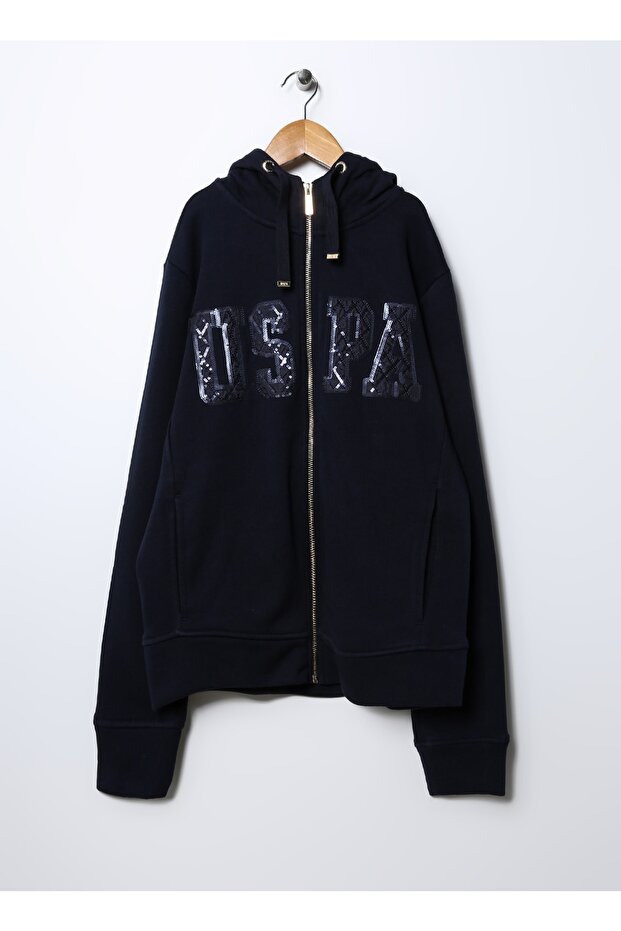 Hooded Collar Plain Navy Blue Women's Sweatshirt Sw01-Sk022