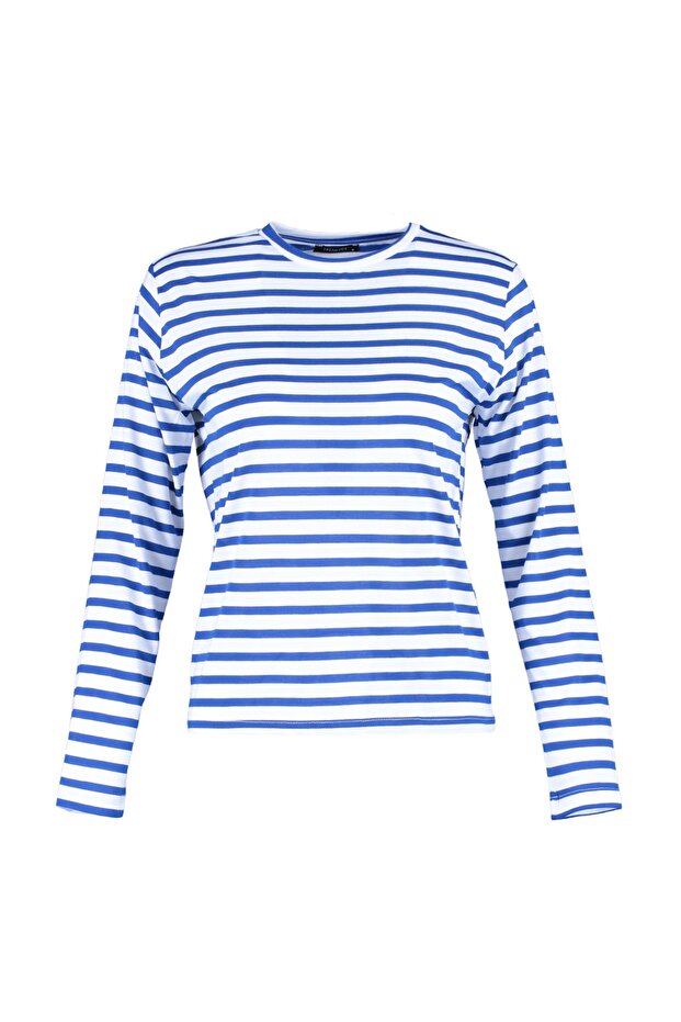 Lacivert Çizgili Regular/Normal Kalıp Basic Bisiklet Yaka Örme T-Shirt TWOAW23TS00002 - 6