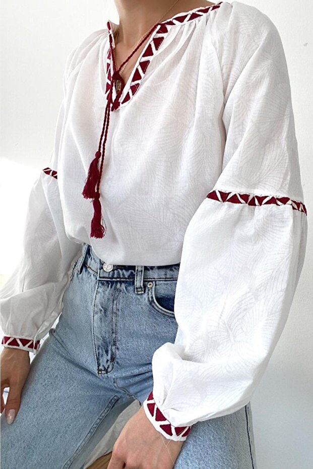 Women's New Season Patterned Fabric Blouse with Fringes and Embroidery
