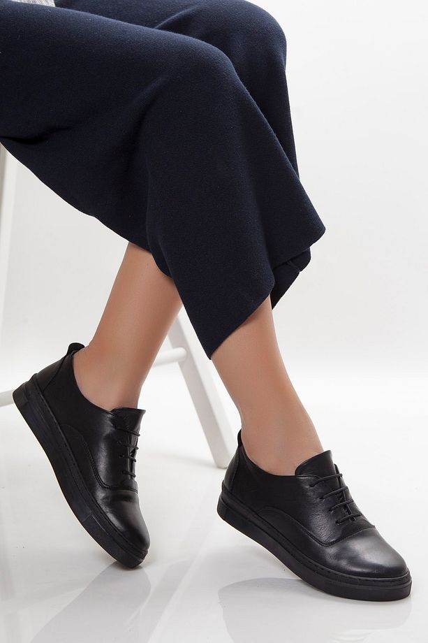 Hakiki Deri Siyah Siyah Kadın Deri Sneaker VNS-M01 - 2