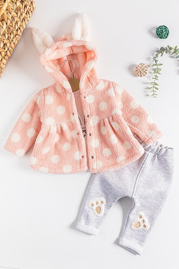 3-Piece Baby Girl Set with Rabbit Figure Cardigan