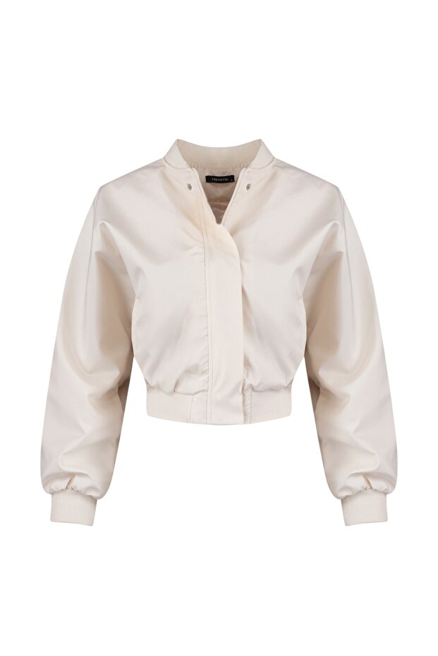 Beżowa, oversize'owa, marszczona, wodoodporna kurtka typu bomber Jacket Coat Twoss22Mo0099 - 6