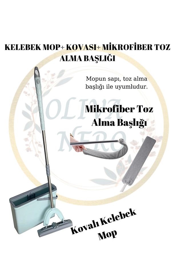Kovalı Kelebek Yer Silme Aparatı Mop Ve Mikrofiber Toz Alma Aparatı Başlığı 2'li Kolay Temizlik Seti - 1