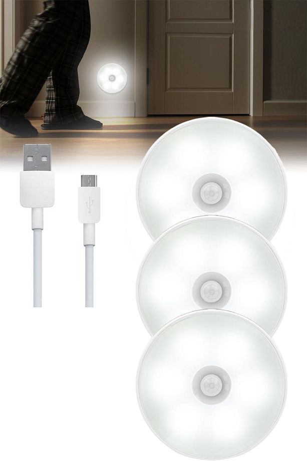 3 Adet Akıllı Hareket Sensörlü Usb Şarjlı Kablosuz Spot Led, Gece Lambası - 1