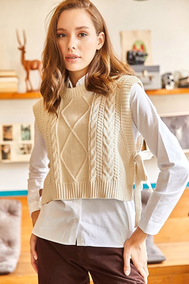 Damski sweter z dzianiny z kamiennym wiązaniem po bokach SVT-00000017 - 3