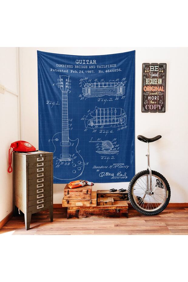 Gibson Les Paul Gitar Blueprint Tapestry - Gitarlı Duvar Örtüsü Müzik Oda Dekorasyonu - 4