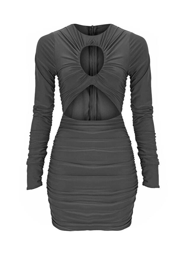 Black Long Sleeve Draped Crew Neck Mini Dress with Low-cut Chest and Belly