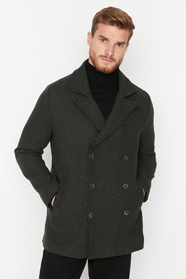 Khaki Regular Fit Double-Breasted Textured Winter Coat Tmnaw23Kb00002